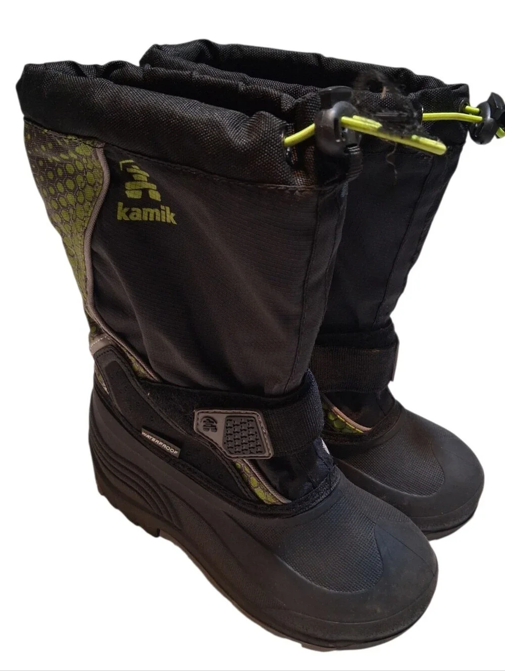 Kamik Kids Waterproof Snow Boots Black Neon Green Toggle Strap Youth Size 1